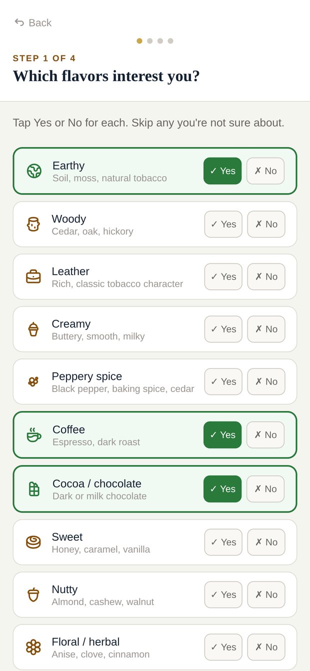CigarSeek flavor questionnaire — step 1 of 4