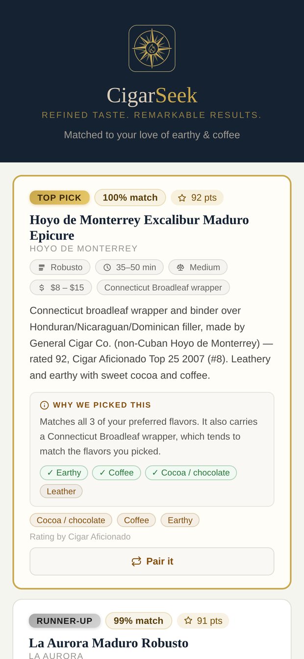 CigarSeek results — matched cigar recommendations